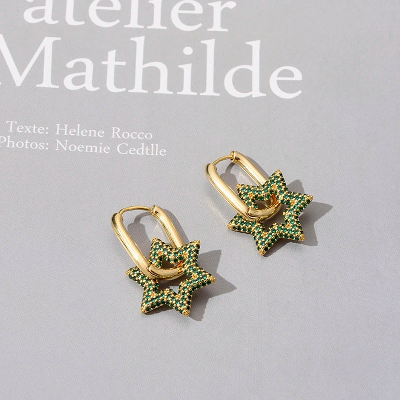 Celestara Star Zircon Hoop Earrings – Gold-Tone Geometric Drop Earrings | Colourful Cubic Zirconia | Elegant Women’s Statement Jewellery