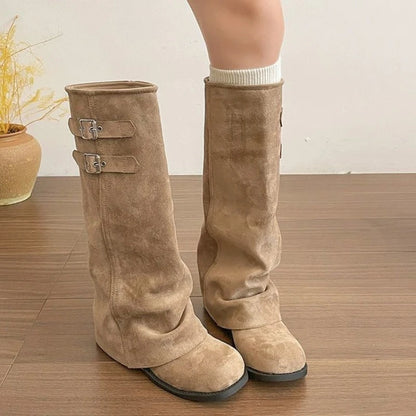 Montelle Foldover Slouchy Moto Boots – Women’s Mid-Calf Slip-On Boots | Buckle Strap & Waterproof PU Upper | Winter Casual Footwear