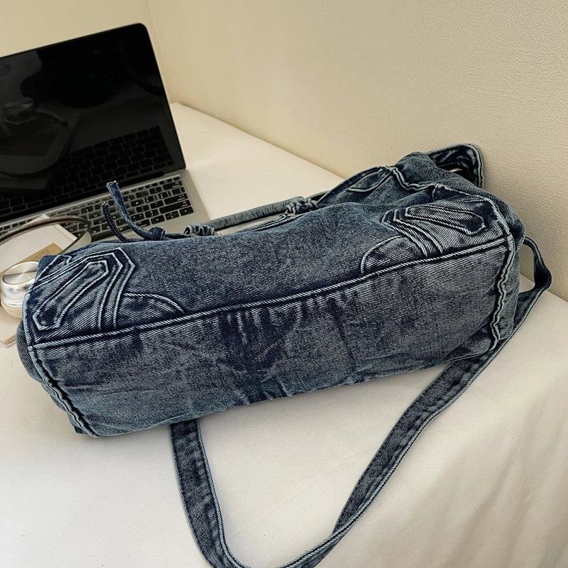 Denvara Vintage Washed Denim Tote Bag – Women's Large Capacity Shoulder Bag | Retro Rivet Detail | Casual Motorcycle-Style Handbag