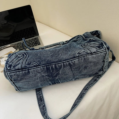 Denvara Vintage Washed Denim Tote Bag – Women's Large Capacity Shoulder Bag | Retro Rivet Detail | Casual Motorcycle-Style Handbag