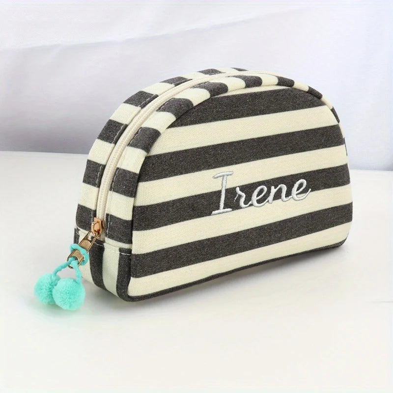 Marielle Personalised Striped Makeup Bag – Custom Name Embroidered Cosmetic Pouch | Colourful Canvas Travel Toiletry Organiser | Bridesmaid Gift