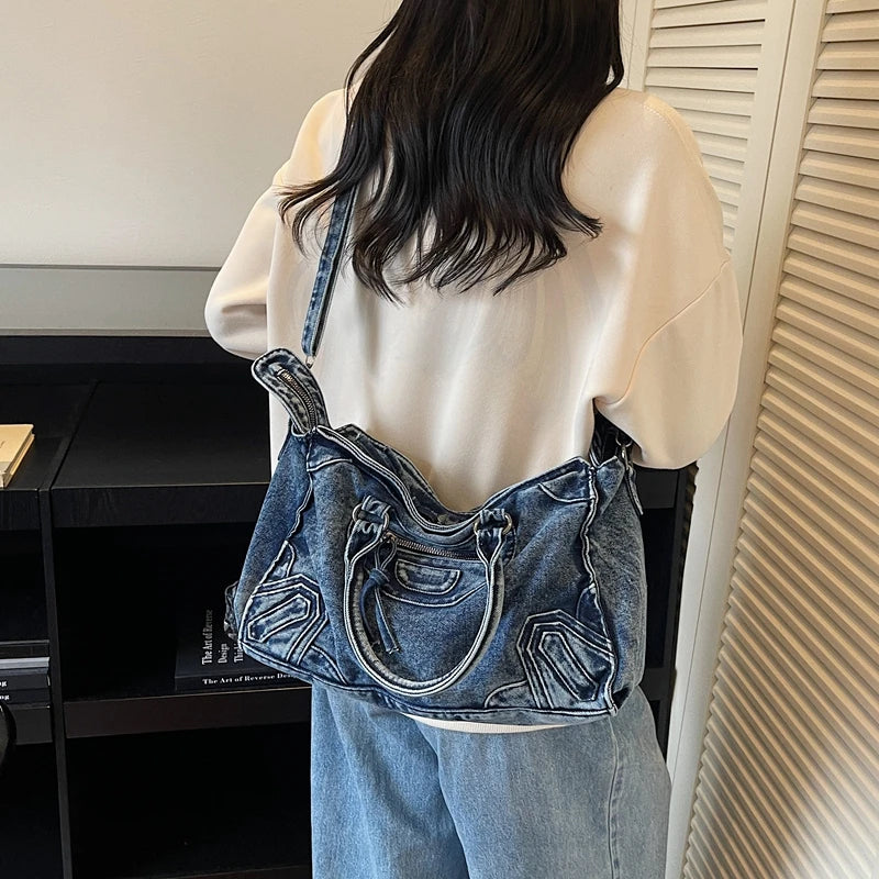 Denvara Vintage Washed Denim Tote Bag – Women's Large Capacity Shoulder Bag | Retro Rivet Detail | Casual Motorcycle-Style Handbag