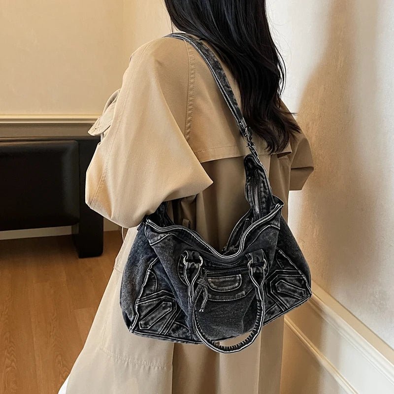 Denvara Vintage Washed Denim Tote Bag – Women's Large Capacity Shoulder Bag | Retro Rivet Detail | Casual Motorcycle-Style Handbag