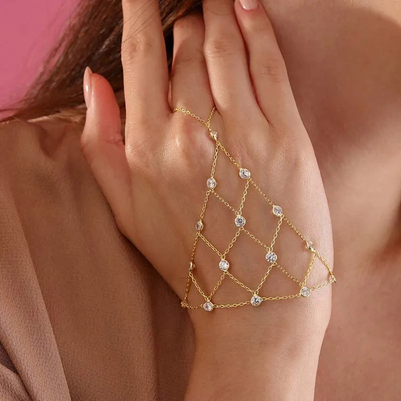 SeraphinaMesh Gold Hand Chain Bracelet – Bohemian Finger Ring Bracelet | Rhinestone Beaded Mesh Jewellery | Bridal Wedding Hand Chain