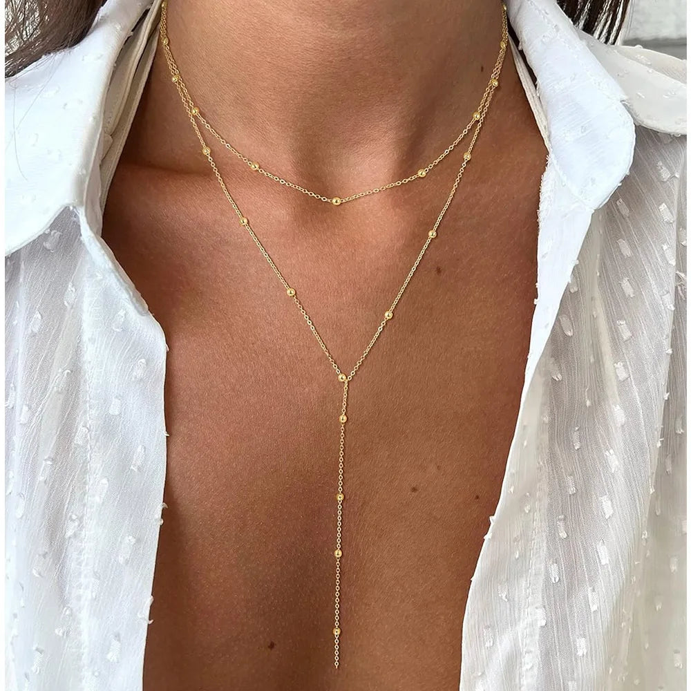 Aurelia Y-Drop Lariat Necklace – Gold-Plated Stainless Steel Necklace | Cubic Zirconia Drop Pendant | Dainty Layered Jewellery for Women
