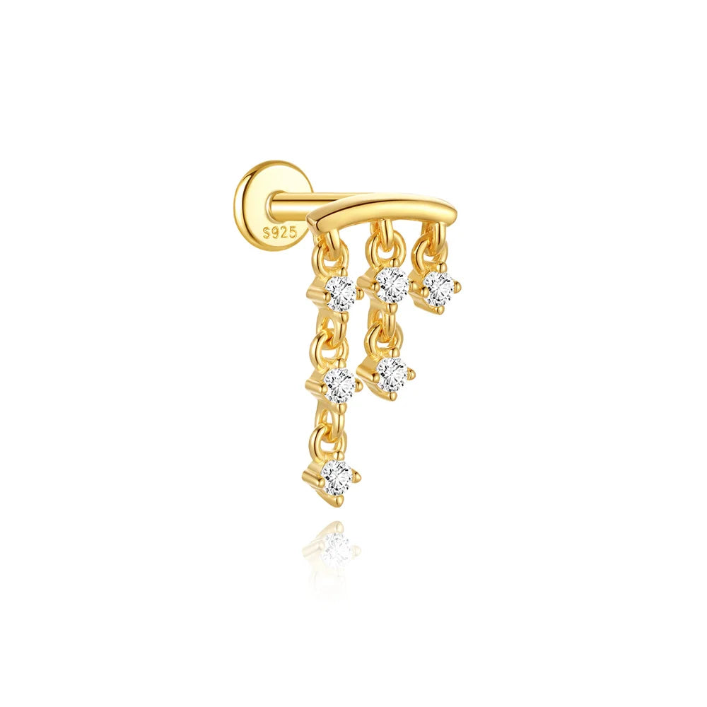 Elarisse 925 Sterling Silver Zircon Chain Stud – Women’s Flat-Back Piercing Earring | Kite Stone & Star Tassel Detail | Fine Jewellery
