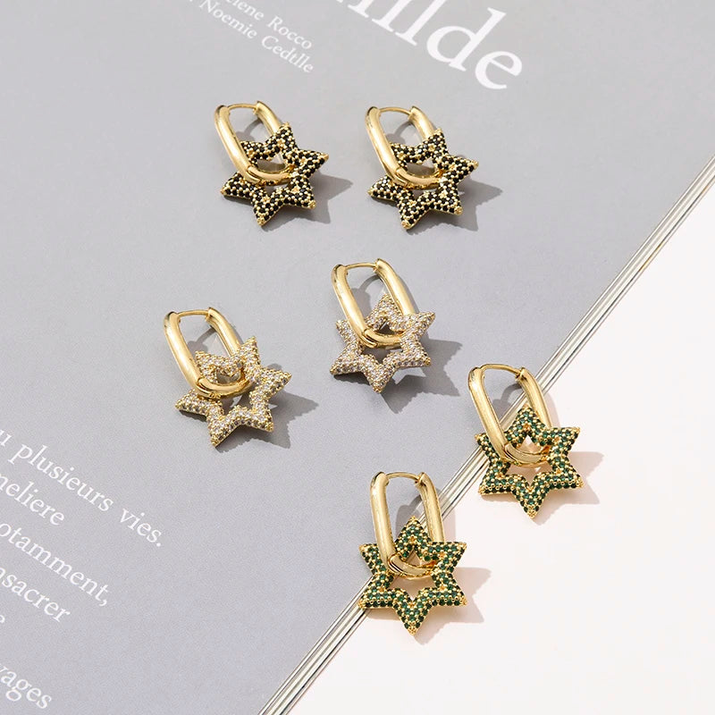 Celestara Star Zircon Hoop Earrings – Gold-Tone Geometric Drop Earrings | Colourful Cubic Zirconia | Elegant Women’s Statement Jewellery