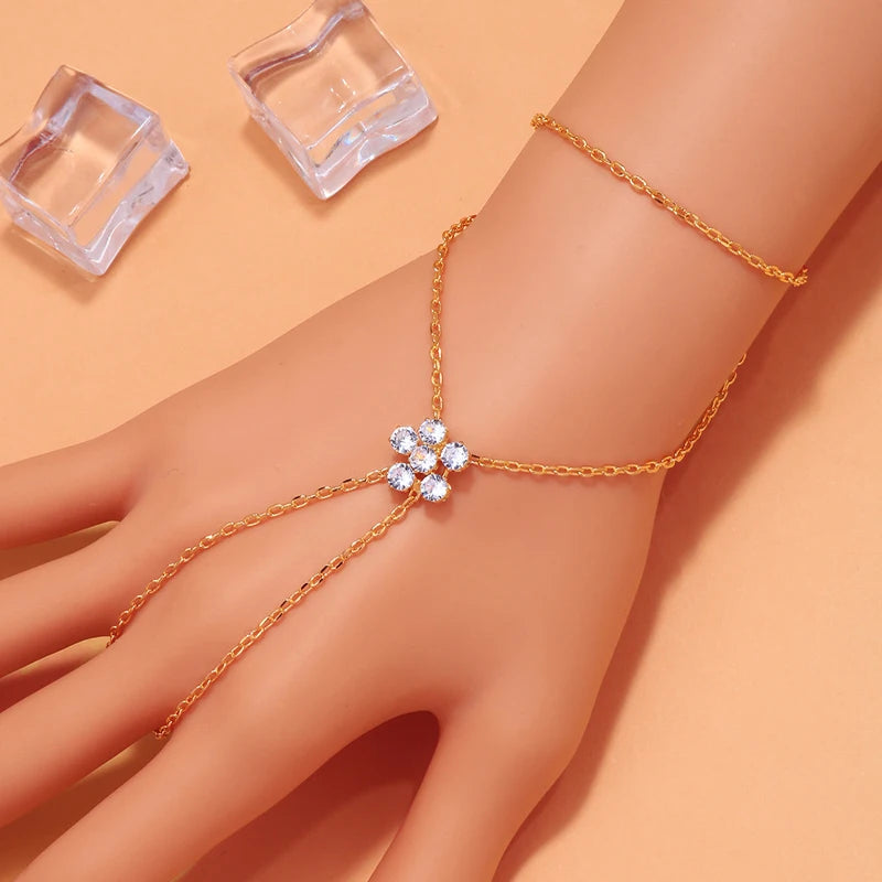 FloraLink Zircon Flower Finger Bracelet – Gold-Tone Double-Layer Hand Chain | Minimalist Floral Charm Jewellery | Women’s Finger Bracelet