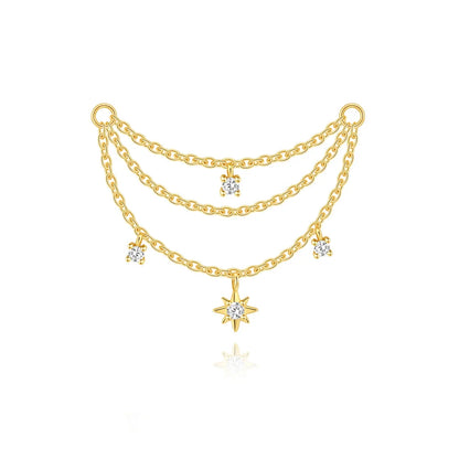 Elarisse 925 Sterling Silver Zircon Chain Stud – Women’s Flat-Back Piercing Earring | Kite Stone & Star Tassel Detail | Fine Jewellery