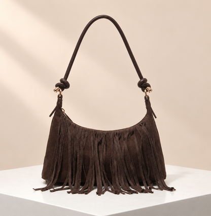 Marvelle Fringe Shoulder Bag — warm beige studio background