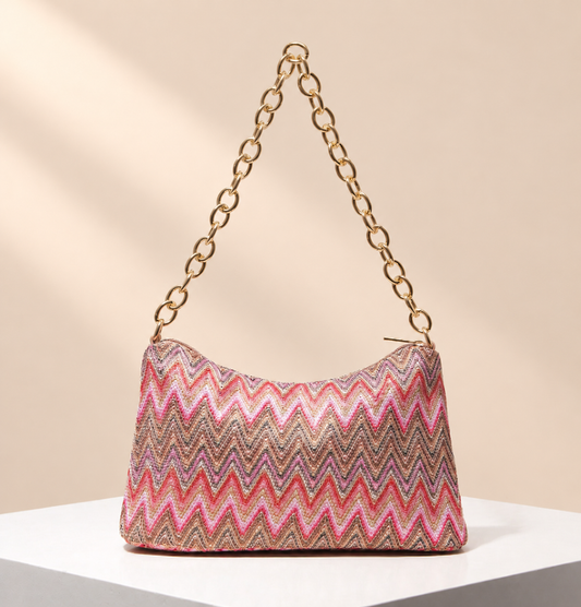 Aureline Geometric Chain Shoulder Bag — warm beige studio background