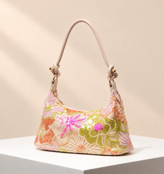 Floravelle Floral Shoulder Bag — warm beige studio background