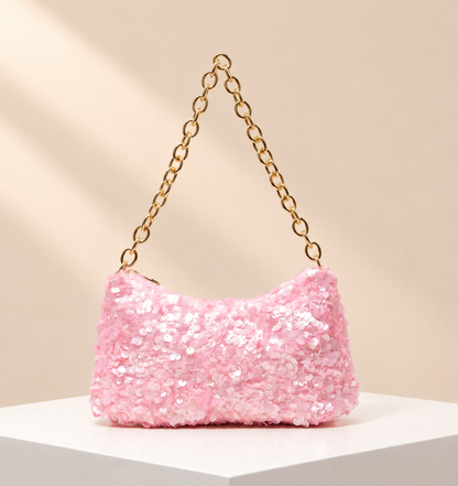 Seraphine Textured Chain Shoulder Bag — warm beige studio background