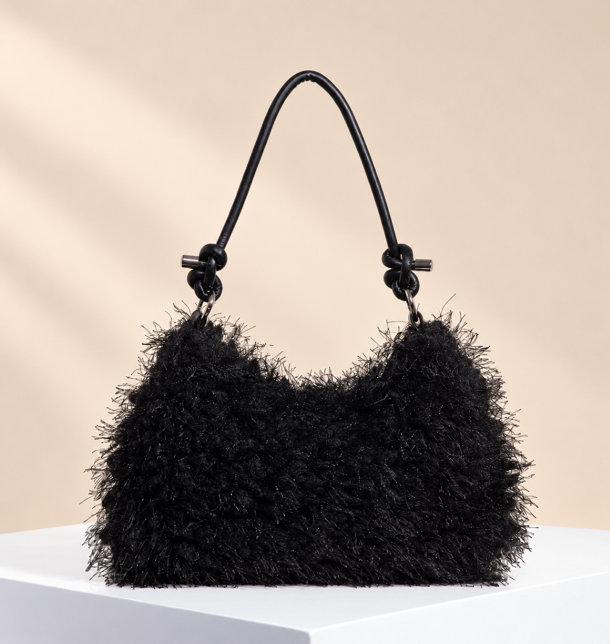 Velmira Fluffy Shoulder Bag — warm beige studio background