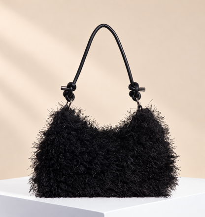 Velmira Fluffy Shoulder Bag — warm beige studio background