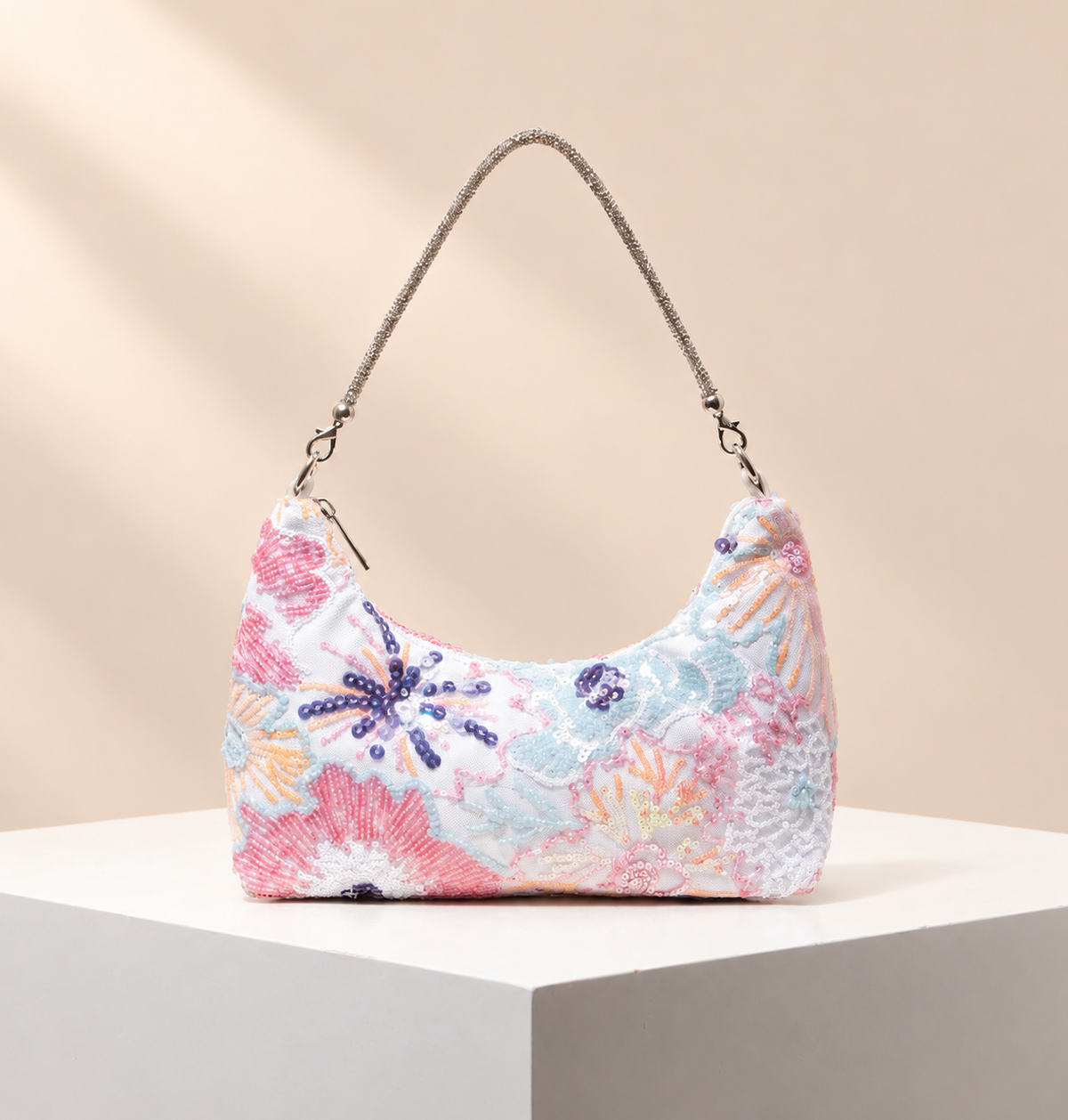 Florienne Floral Embellished Shoulder Bag — warm beige studio background