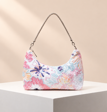 Florienne Floral Embellished Shoulder Bag — warm beige studio background