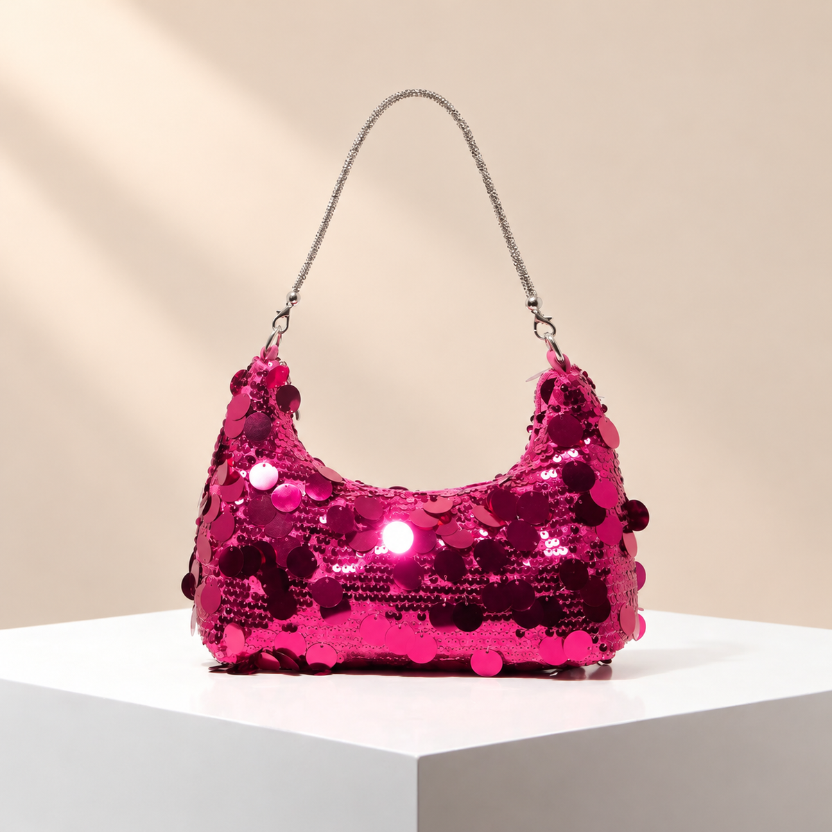 Lumiara Sequin Shoulder Bag — warm beige studio background
