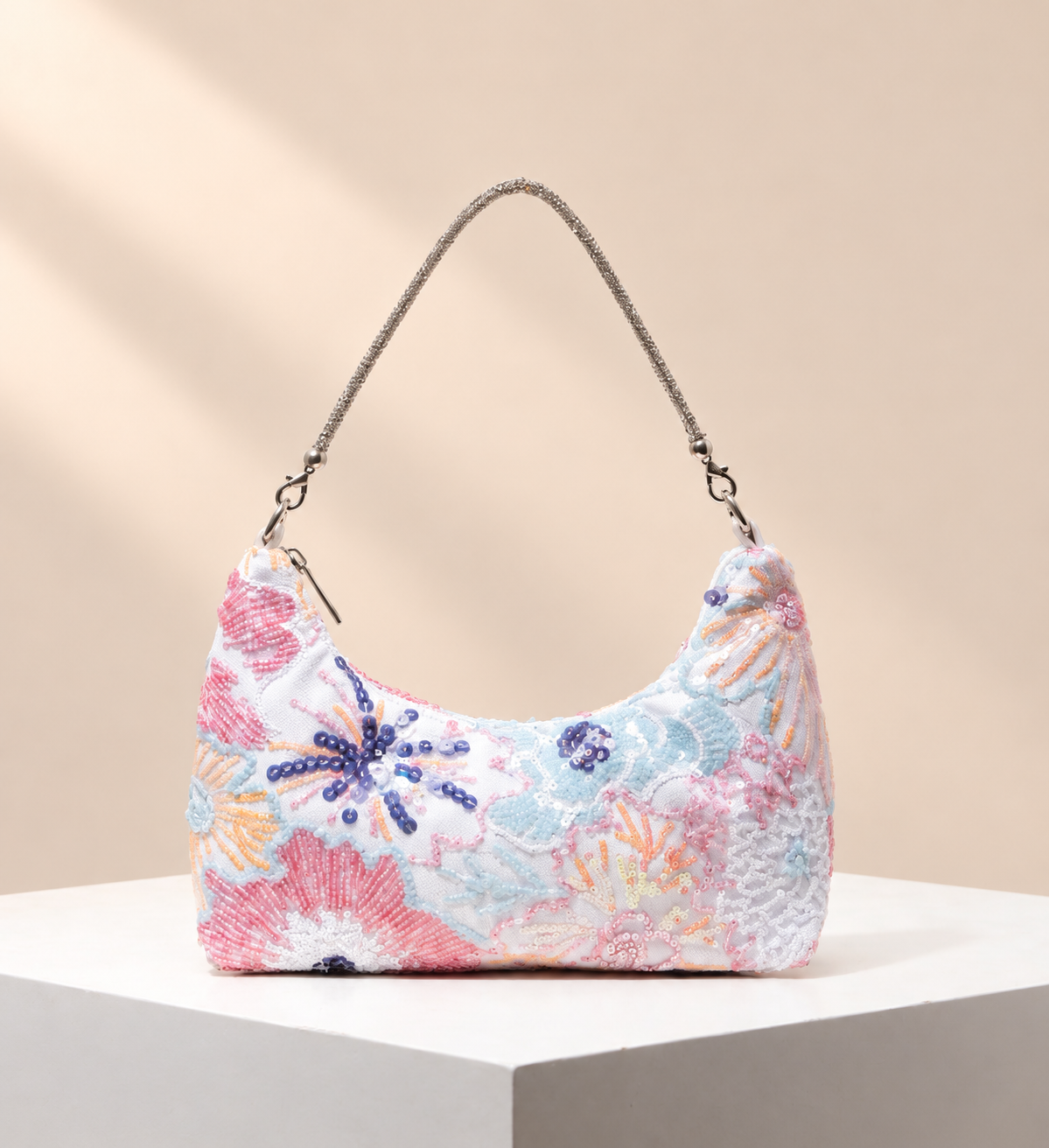 Floravessa Floral Embellished Shoulder Bag — warm beige studio background