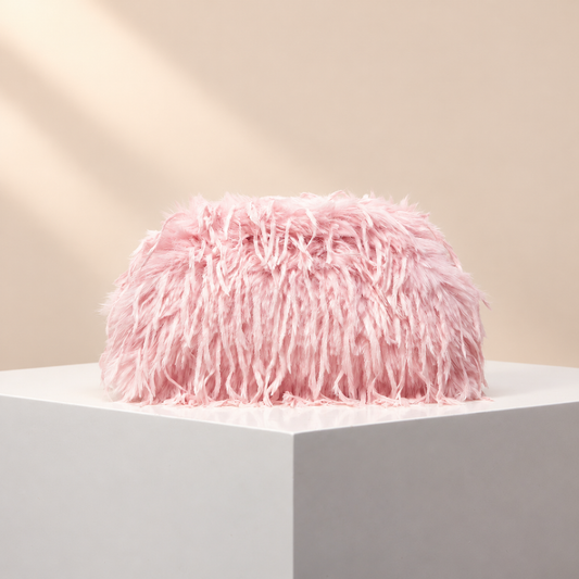Amorette Fluffy Occasion Clutch — warm beige studio background