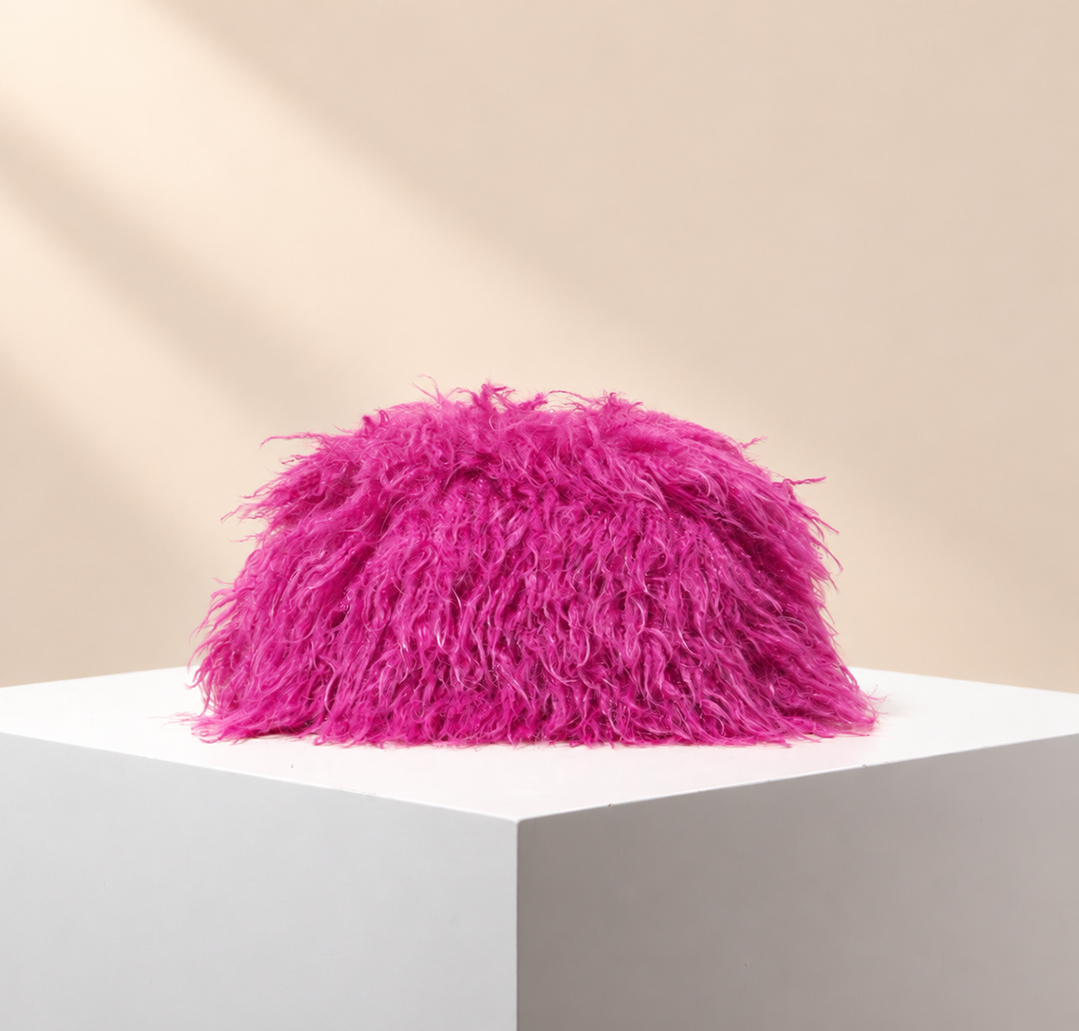 Veloura Fluffy Occasion Clutch — warm beige studio background