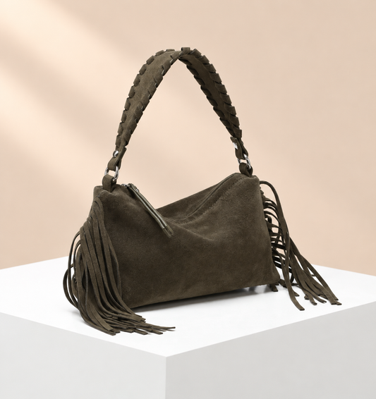 Tavelle Fringe Shoulder Bag — warm beige studio background