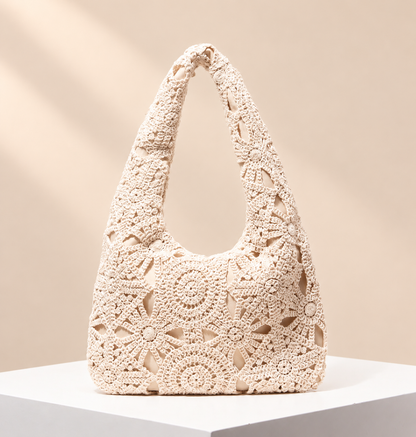 Floravelle Floral Openwork Tote — warm beige studio background