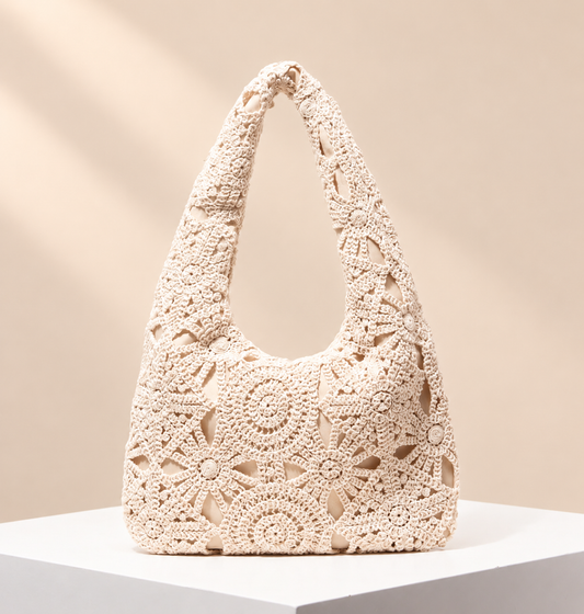 Floravelle Floral Openwork Tote — warm beige studio background