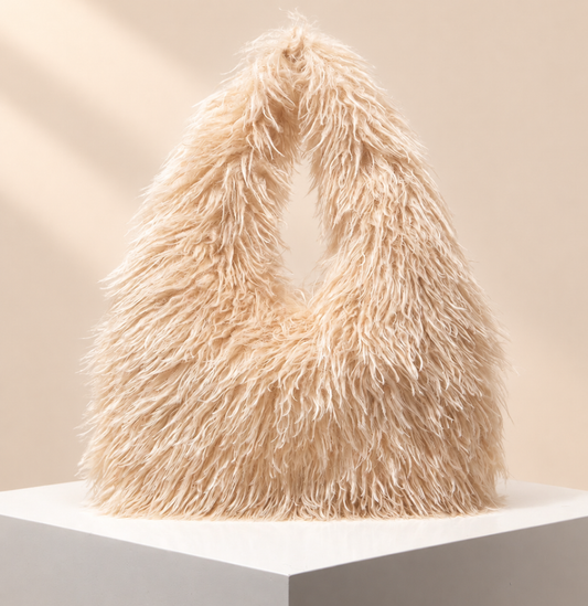 Veloura Fluffy Hobo Bag — warm beige studio background