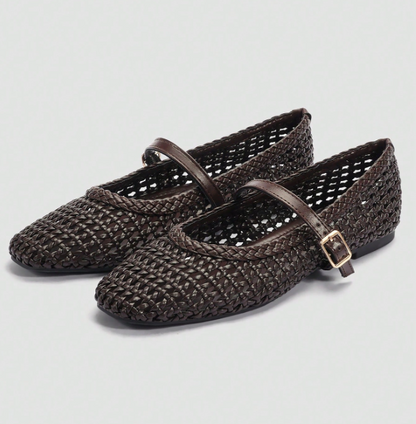 Marielle Woven Mary Jane Flats – Women’s Square-Toe Ballet Shoes | Buckle Strap | Fashionable Everyday Footwear