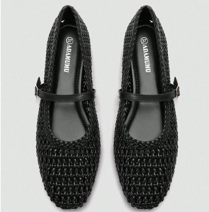 Marielle Woven Mary Jane Flats – Women’s Square-Toe Ballet Shoes | Buckle Strap | Fashionable Everyday Footwear