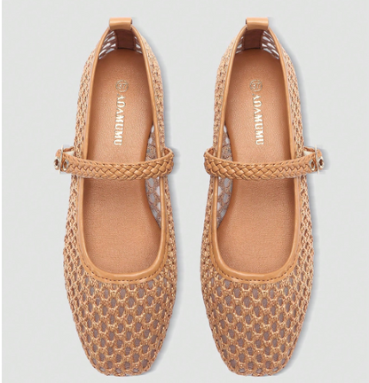 Elowyn Braided Mary Jane Flats – Women’s Woven Ballet Shoes | Square Toe & Buckle Strap | Elegant Everyday Footwear