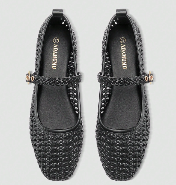Elowyn Braided Mary Jane Flats – Women’s Woven Ballet Shoes | Square Toe & Buckle Strap | Elegant Everyday Footwear