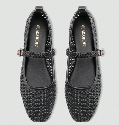Elowyn Braided Mary Jane Flats – Women’s Woven Ballet Shoes | Square Toe & Buckle Strap | Elegant Everyday Footwear