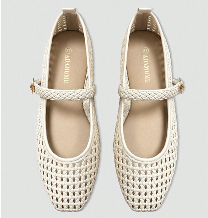 Elowyn Braided Mary Jane Flats – Women’s Woven Ballet Shoes | Square Toe & Buckle Strap | Elegant Everyday Footwear
