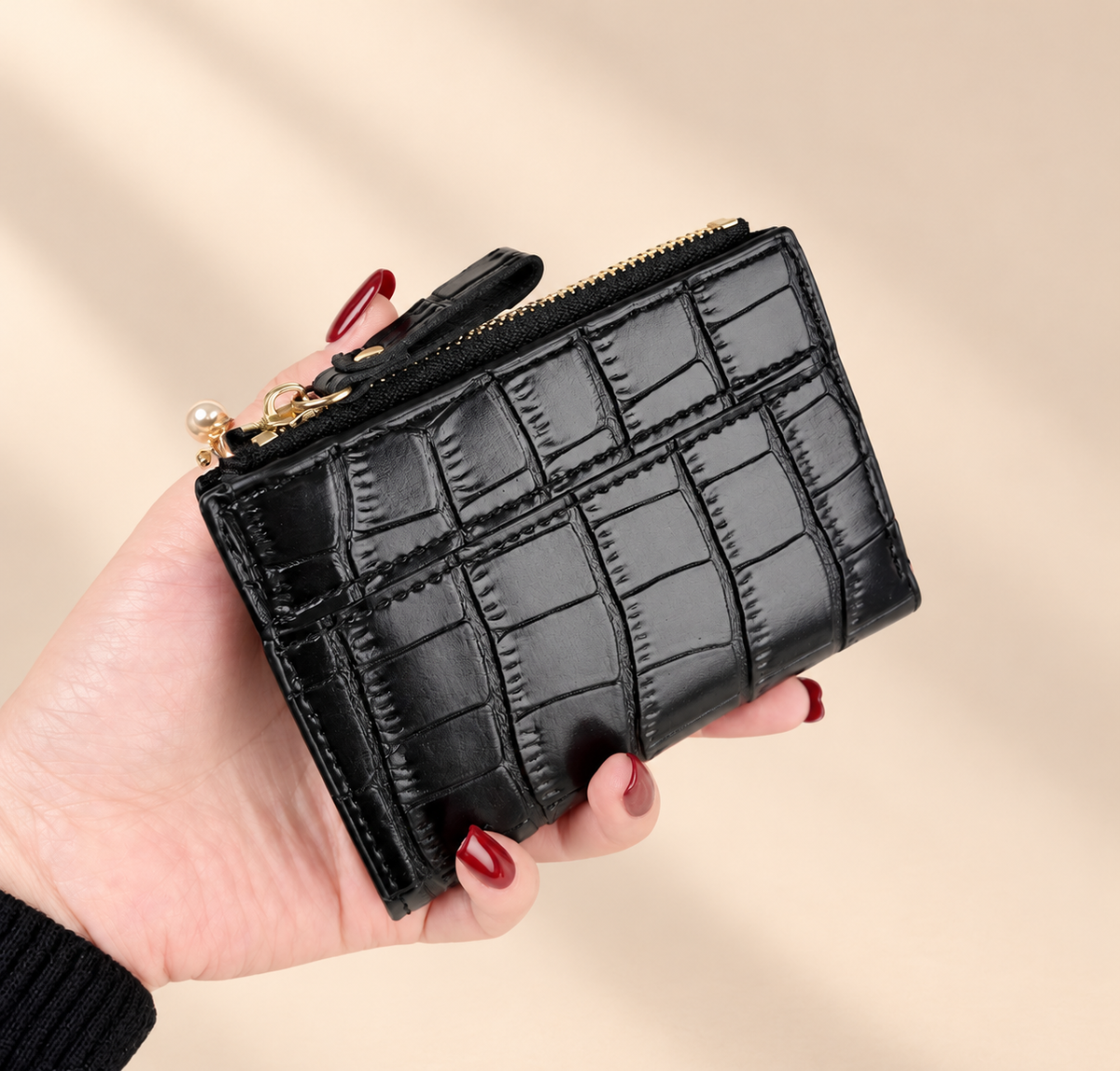 Marvelle Croc-Effect Compact Wallet — warm beige studio background