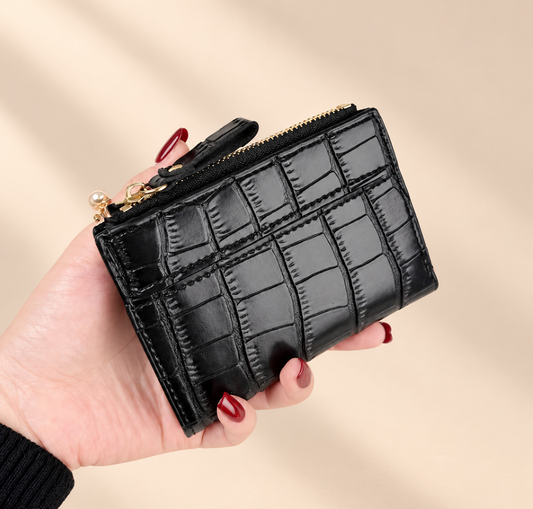 Marvelle Croc-Effect Compact Wallet — warm beige studio background