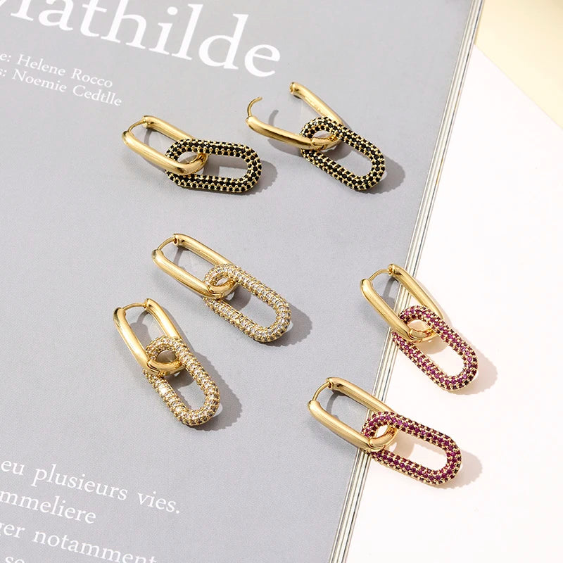Avelisse Geometric Zircon Hoop Earrings – Gold-Tone Oval & Rectangle Drop Earrings | Colourful Cubic Zirconia | Elegant Women’s Jewellery