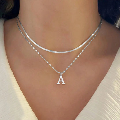 Elara Initial Layered Necklace Set – 2-Piece Stainless Steel Herringbone Choker | Personalised Letter Chain | Women’s Layered Jewellery