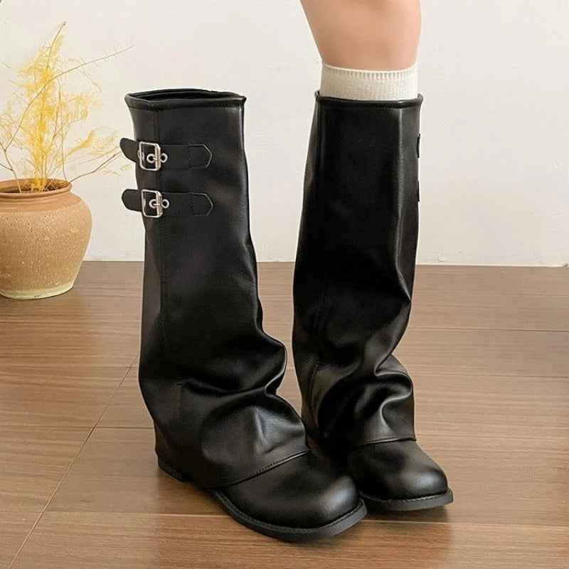 Montelle Foldover Slouchy Moto Boots – Women’s Mid-Calf Slip-On Boots | Buckle Strap & Waterproof PU Upper | Winter Casual Footwear