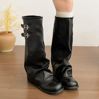 Montelle Foldover Slouchy Moto Boots – Women’s Mid-Calf Slip-On Boots | Buckle Strap & Waterproof PU Upper | Winter Casual Footwear