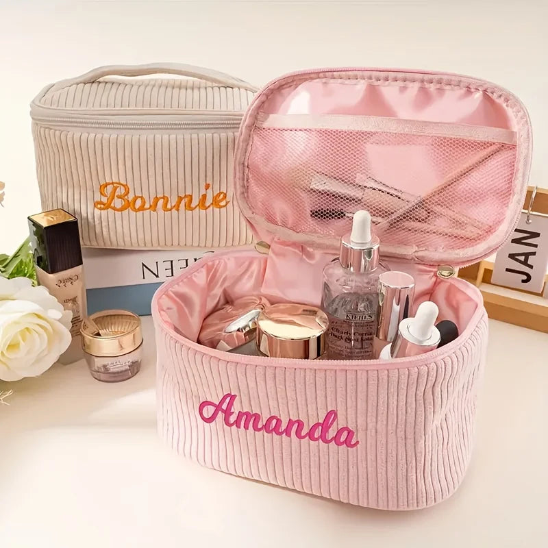 Velmora Personalised Corduroy Makeup Bag – Custom Name Embroidered Cosmetic Case | Large Travel Toiletry Organiser | Portable Handle Storage Bag