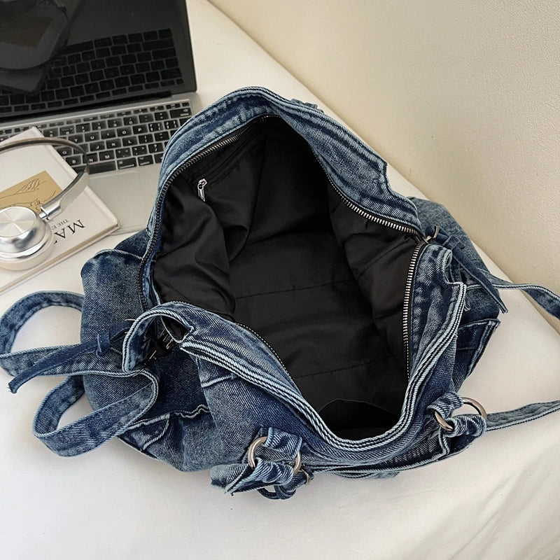Denvara Vintage Washed Denim Tote Bag – Women's Large Capacity Shoulder Bag | Retro Rivet Detail | Casual Motorcycle-Style Handbag
