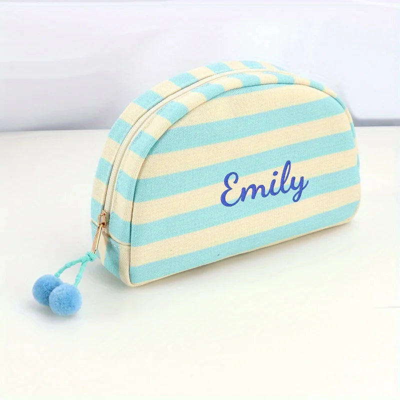 Marielle Personalised Striped Makeup Bag – Custom Name Embroidered Cosmetic Pouch | Colourful Canvas Travel Toiletry Organiser | Bridesmaid Gift