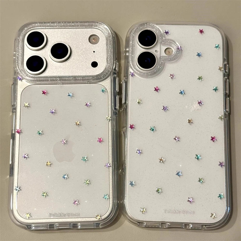Stellara Glitter Star Transparent iPhone Case – Shiny Full-Coverage Phone Protector | Shockproof PC + TPU Design | Anti-Scratch Protective Cover