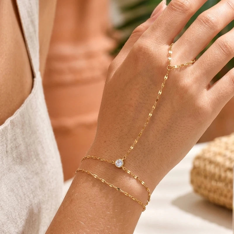 AureliaLink Gold Hand Chain Ring Bracelet – Stainless Steel Finger Bracelet | Adjustable Double-Layer Hand Chain | Women’s Body Jewellery