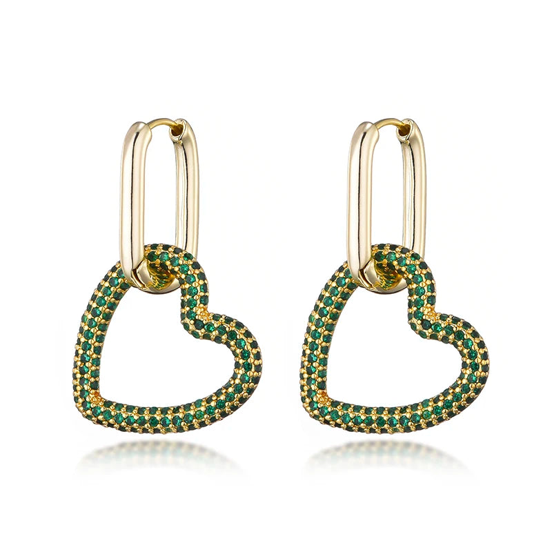 Amorette Heart Zircon Geometric Hoop Earrings – Gold-Tone Oval & Rectangle Drops | Colourful Crystal Jewellery | Elegant Women’s Earrings