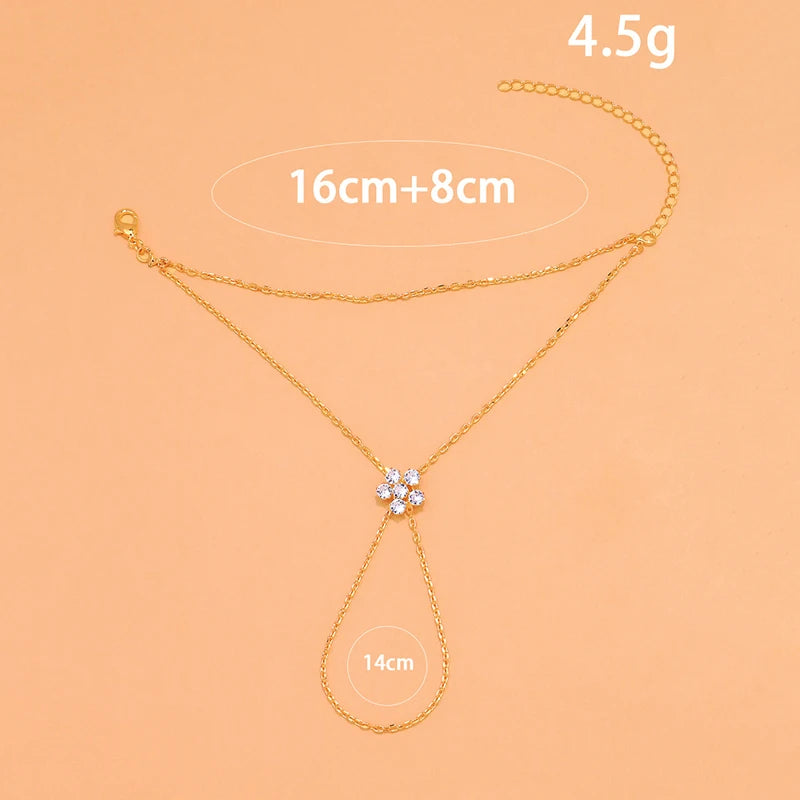FloraLink Zircon Flower Finger Bracelet – Gold-Tone Double-Layer Hand Chain | Minimalist Floral Charm Jewellery | Women’s Finger Bracelet