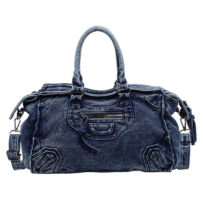 Denvara Vintage Washed Denim Tote Bag – Women's Large Capacity Shoulder Bag | Retro Rivet Detail | Casual Motorcycle-Style Handbag
