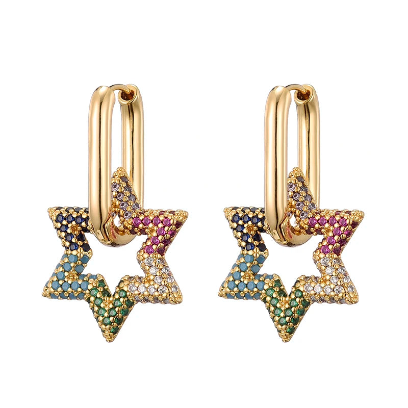 Celestara Star Zircon Hoop Earrings – Gold-Tone Geometric Drop Earrings | Colourful Cubic Zirconia | Elegant Women’s Statement Jewellery